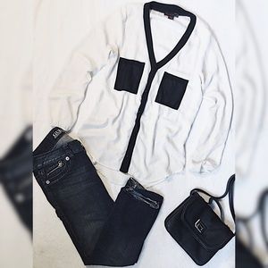 Black and White Sheer Long Sleeve & Guess Jeans